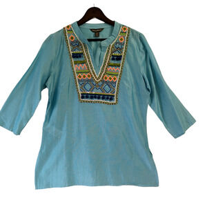 Tommy Bahama Tunic Top Bohemian‎ Aqua Blue Embroidery Womens Small Cotton Silk
